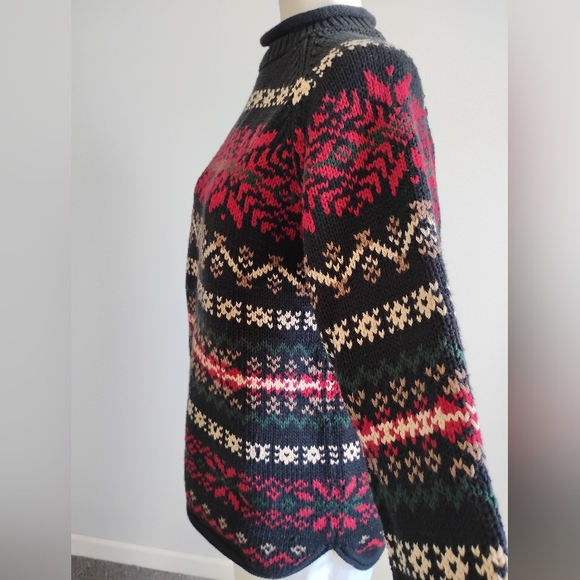Eddie Bauer Cotton Fair Isle Knit Roll Neck Sweater Black Red Classic Size Small - Picture 7 of 14
